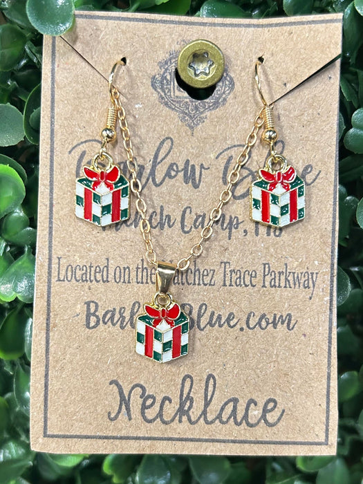 Christmas Tree with Red Ornaments Necklace & Earrings Set