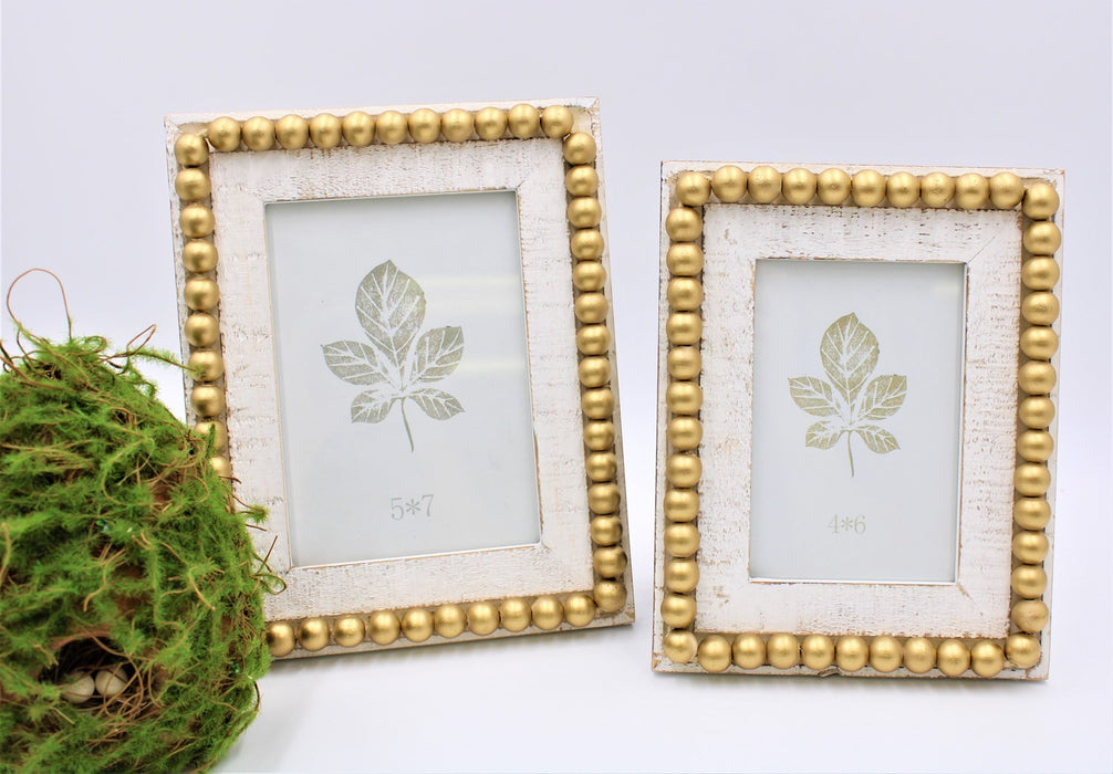9.5" Wood Beaded Photo Frame, White with Gold Trim (5x7)