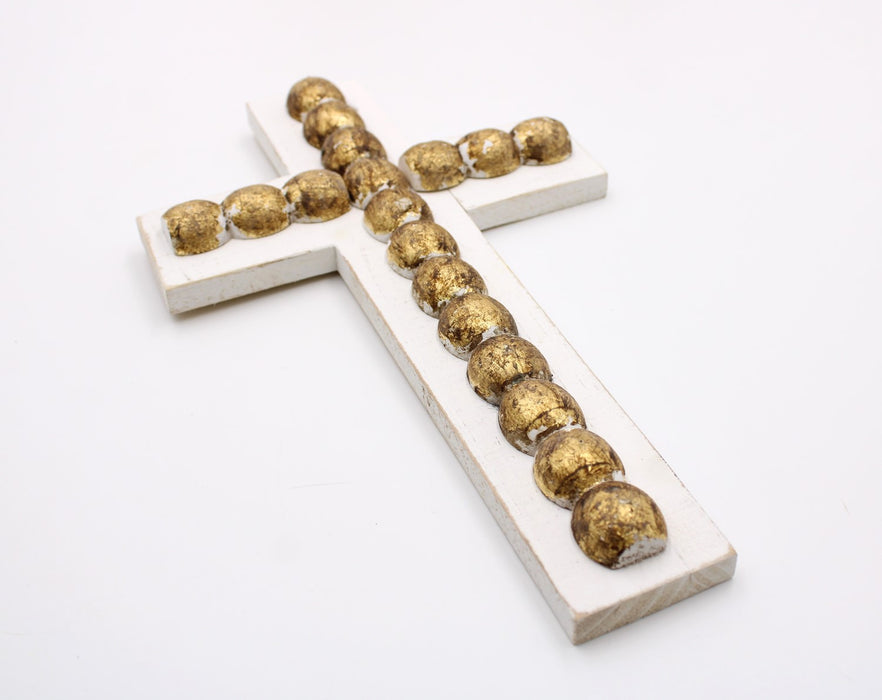 6.5x11" Wood Beaded Wall Cross, White with Gold