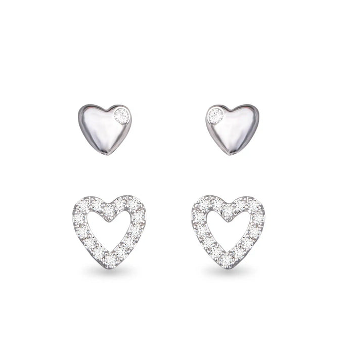 Mini Heart and CZ Open Heart Duo Earrings – Silver