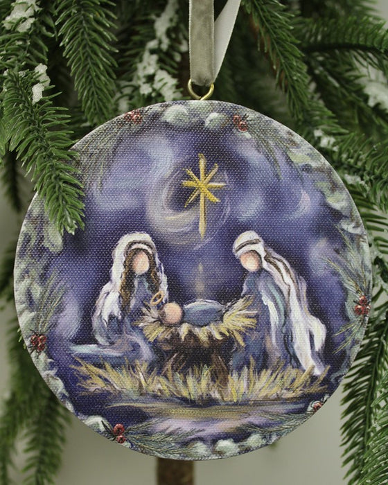 Holy Family Midnight Sky 5" Round Canvas LED Ornament