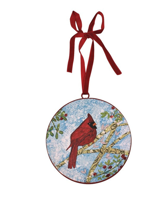Cardinal on Branch 6" Metal Disc Ornament, Glitter Accent