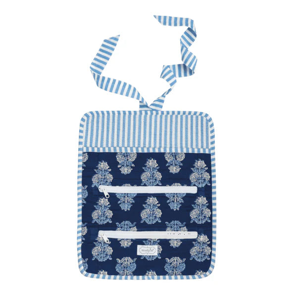 Navy Block Print Jewelry Roll Travel Case