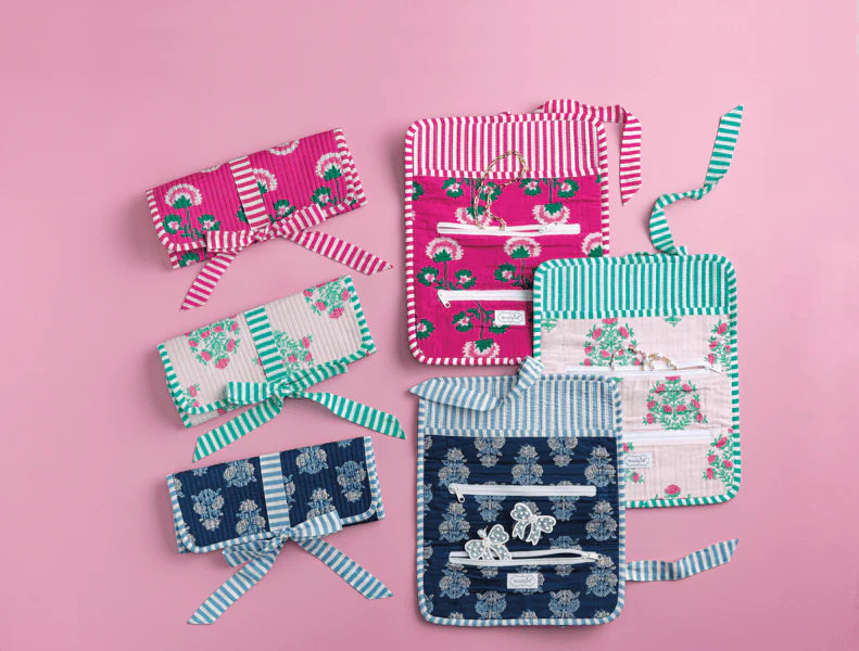 Pink Block Print Jewelry Roll Travel Case