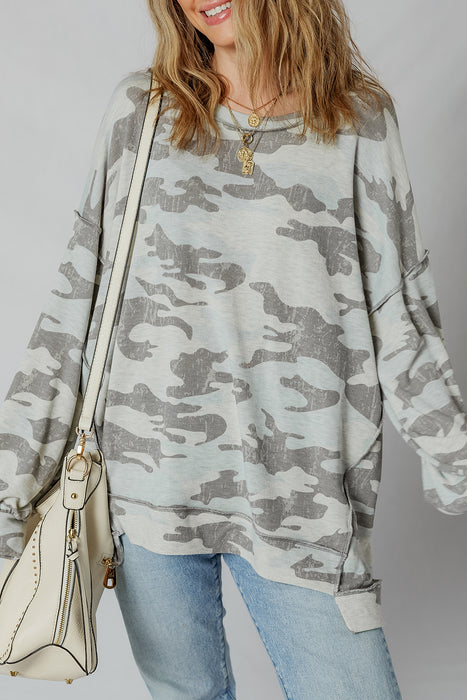 Mutli-Color Camo Print Mesh Long Sleeve Top