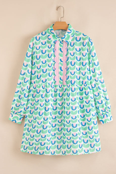 Floral Scallop Trim Long Sleeve Shirt Dress