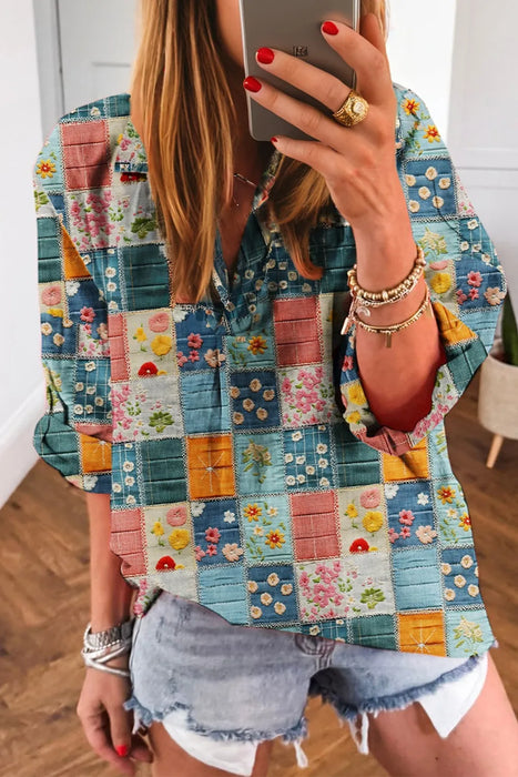 Boho Bloom Patchwork Print Notched Long Sleeve Blouse