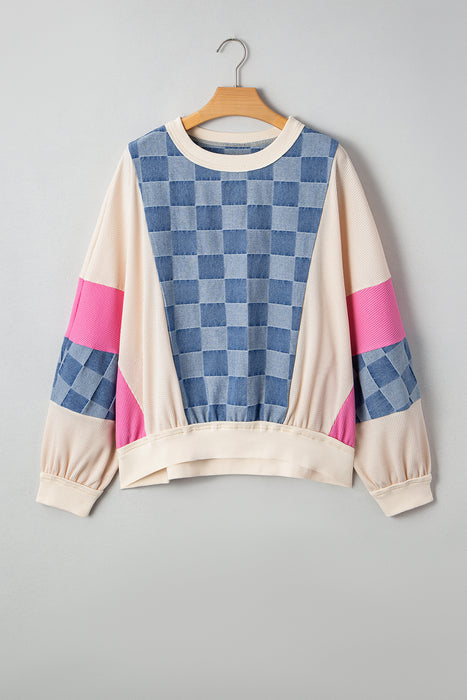 Checkered Denim & Knit Mix N Match Oversized Sweatshirt