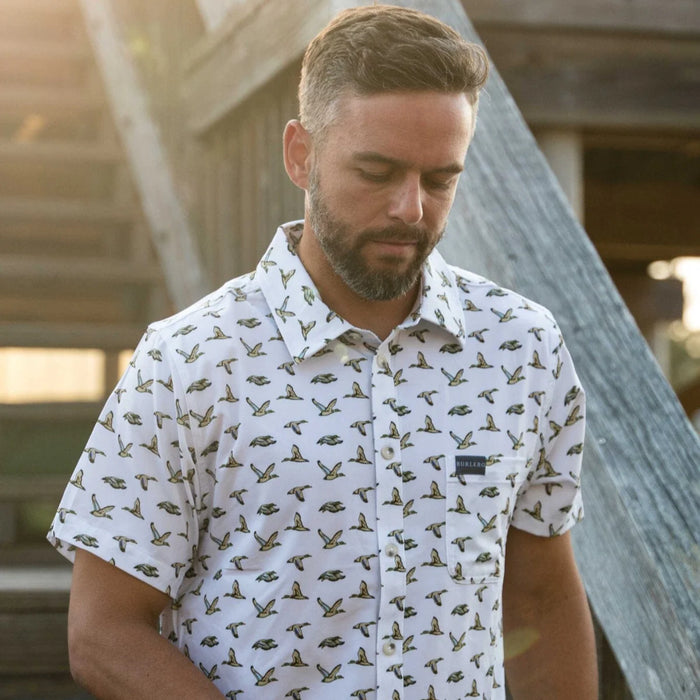 Performance Button Up – Flying Mallard Ducks White by Burlebo