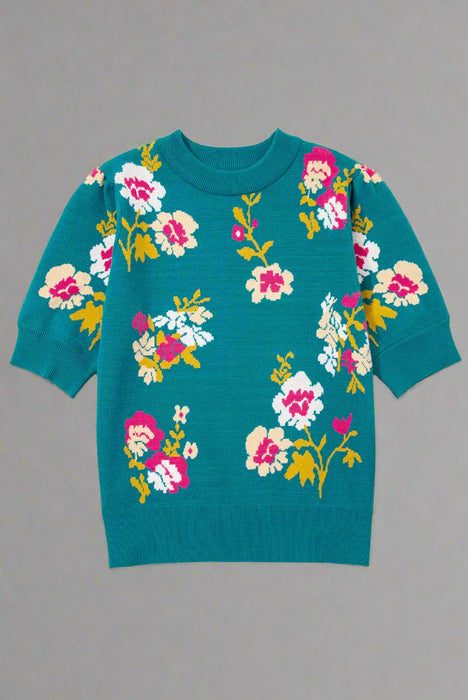 Teal Floral Mock Neck Short Sleeve Knitted Sweater Top