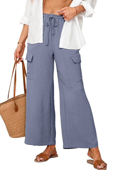 Drawstring Frilled Waist Wide Leg Utility Trousers