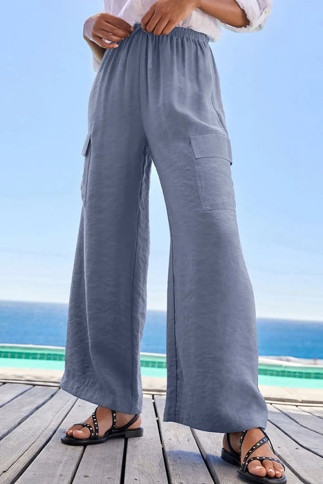 Drawstring Frilled Waist Wide Leg Utility Trousers