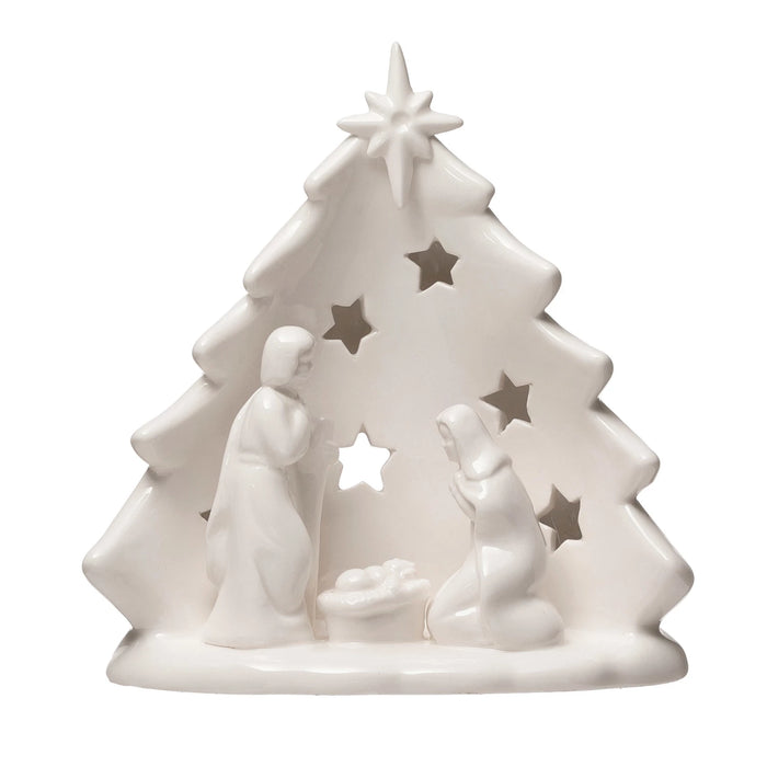 Stoneware Holy Family Candle Holder with Tree & Cut-Outs