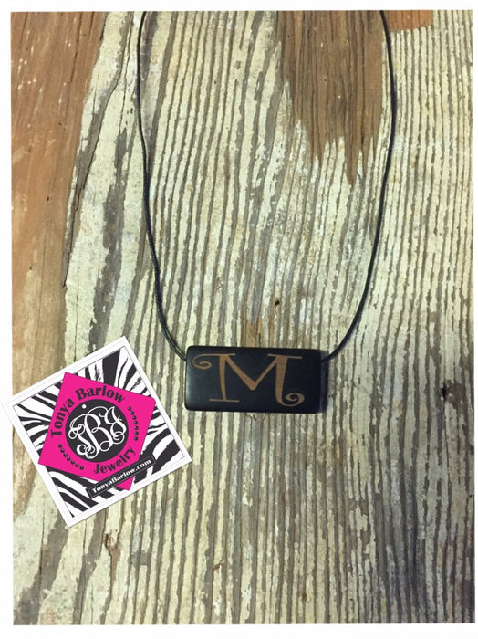 Small Black Rectangle Wood Necklace with ONE initial.  75% OFF.
