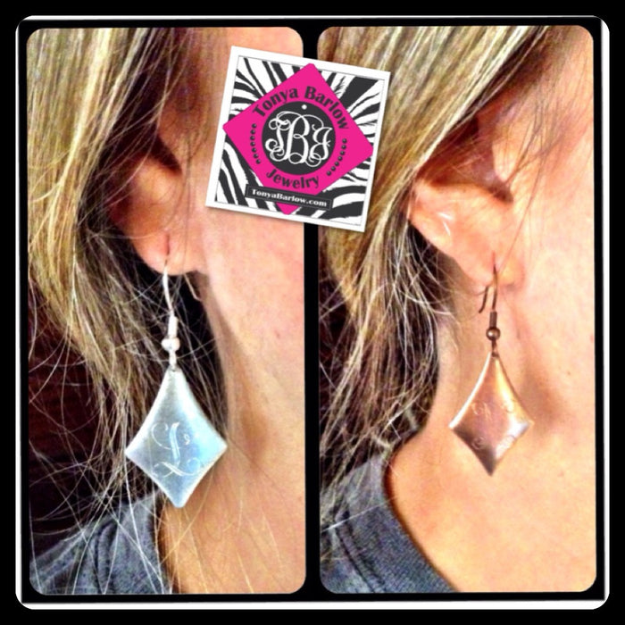 Long Diamond Copper or Silver Earrings with one initial