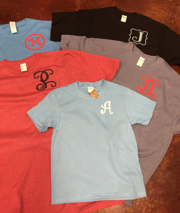 Monogram Initial Tees!  $6 CLEARANCE TEES!  $8 For Long Sleeves!  Random Shirt Color Chosen.
