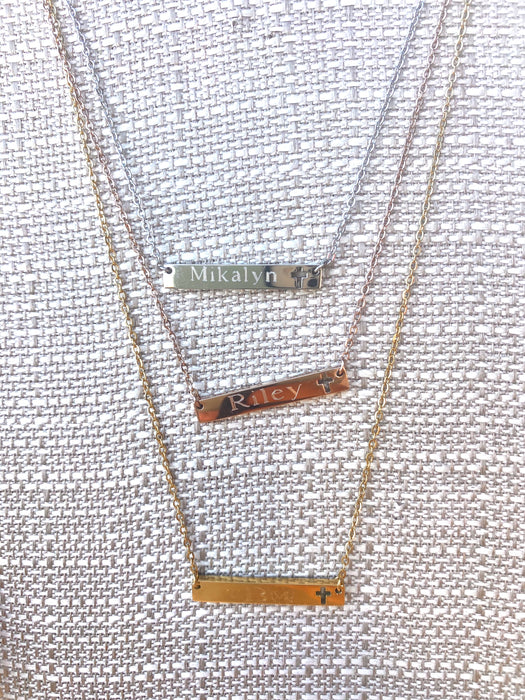 Bar Necklace with a CROSS Cut Out.  Custom Name or Text Included.