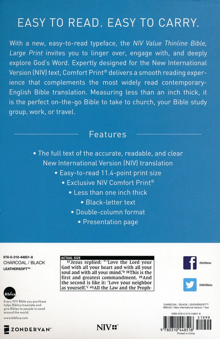 NIV Thinline Bible - Gray & Black Imitation Leather - Large Print