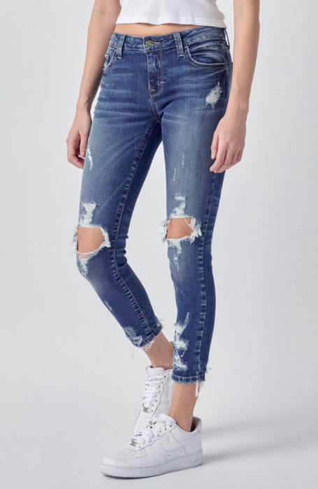 Distressed Cropped Skinny Jeans - Dark Denim by Cello. Sizes 5 — Barlow Blue
