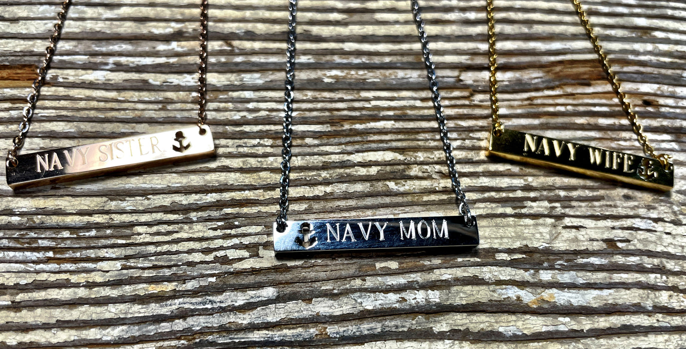 Anchor Bar Necklaces ~ Gold, Silver or Rose Gold.  Customize to say ANYTHING you want!  Perfect for a Navy Mom like me.